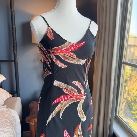 Black w Tropical Red Feather Print Chiffon Midi Dress - Picture 7 of 15
